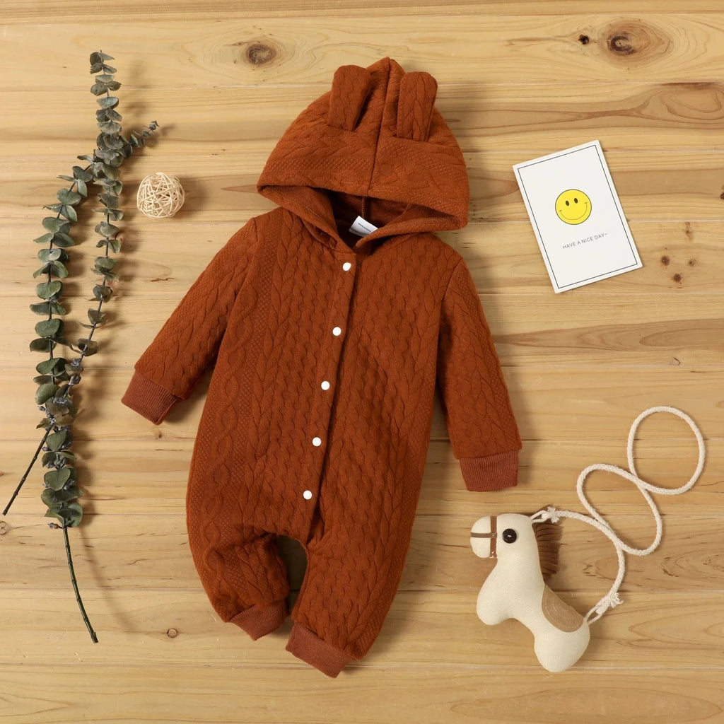 Baby Hooded Romper with Cute Ears, Long Sleeve Bodysuit, 0 to 18 Months