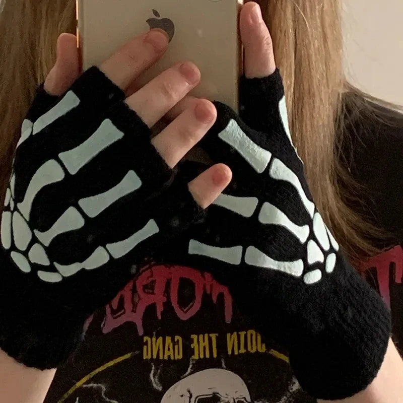 Punk Gloves Halloween Skeleton Half Finger Gloves Glow In The Dark Fingerless Mittens Men Women Elasticity Knitted Skull Mittens