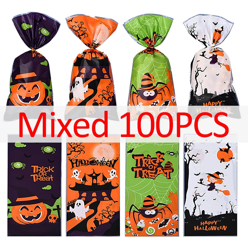 50/100PCS Treat Bags Pumpkin Ghost Bat Plastic Candy Bags with Twist Ties Halloween Party DIY Decoration Gift Packaging Bags ZYF
