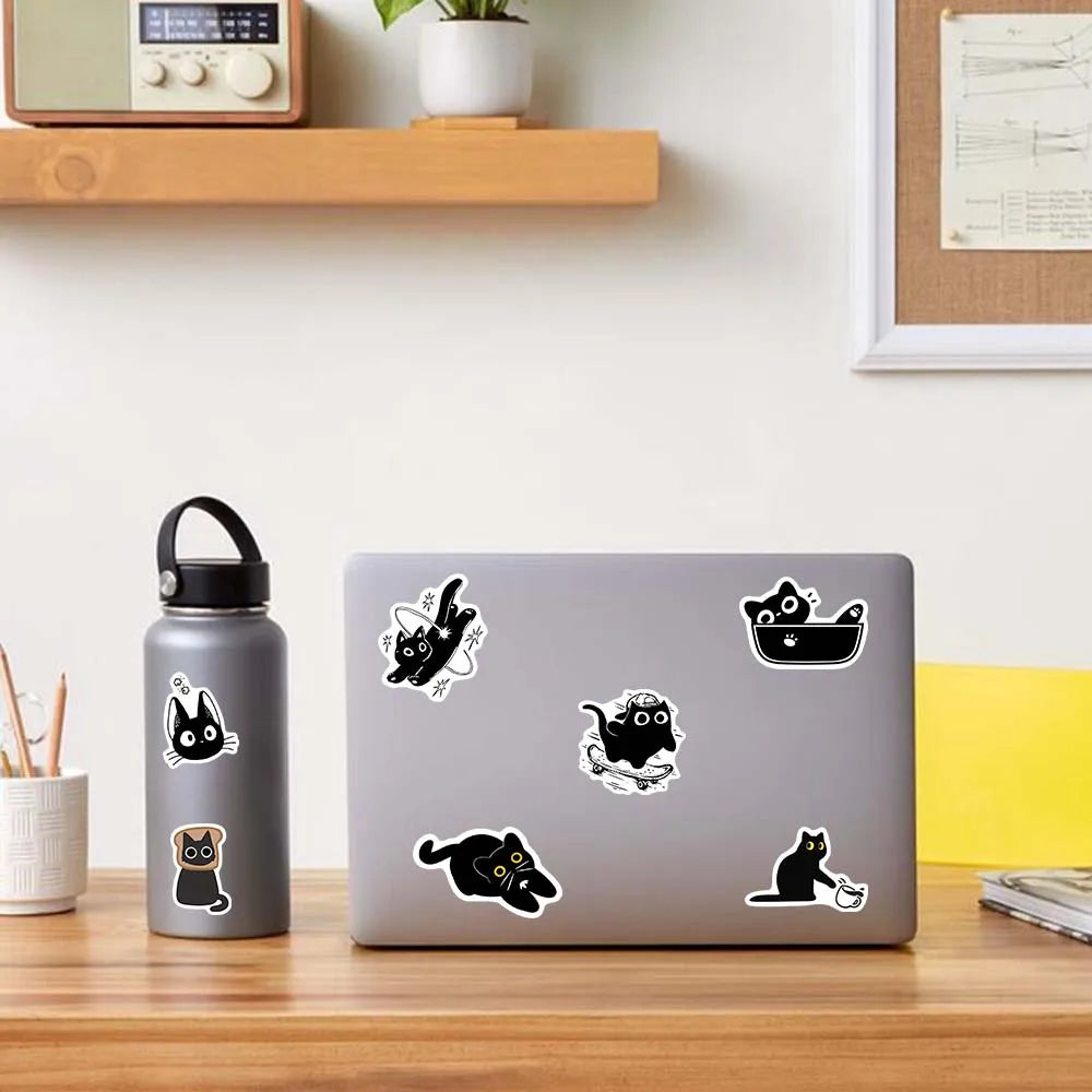 Funny Black Cat Cartoon Stickers DIY Waterproof Decals for Scrapbook Diary Junk Journals Laptop Phone Luggage Bottles Decoration