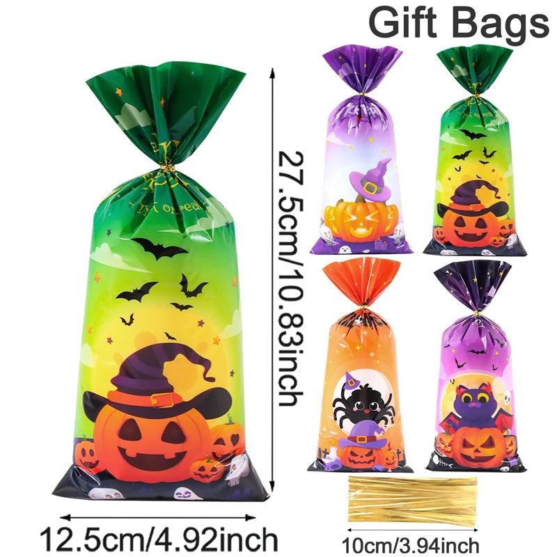 25/50/100pcs Halloween Pumpkin Candy Bags Trick Or Treat Gift Cookie Packing Bags for Happy Halloween Party Decor Supplies