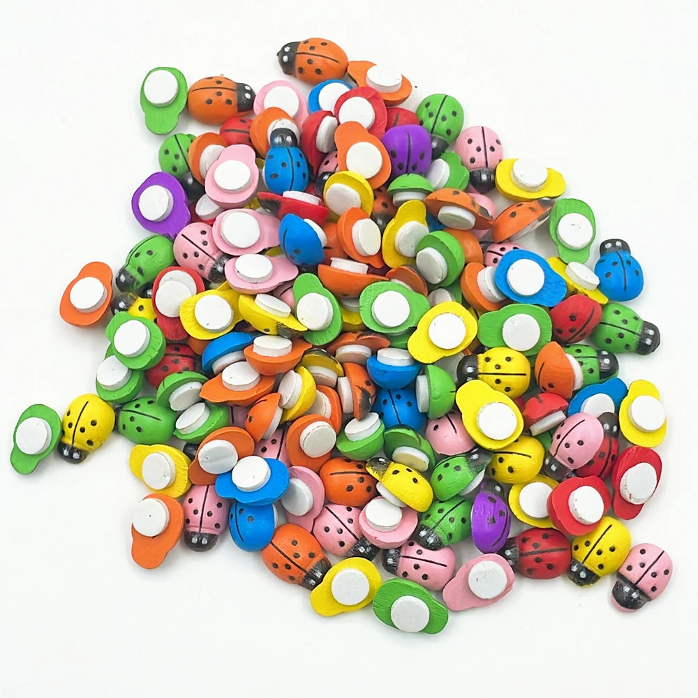 100pcs Wooden Mini Ladybugs Stickers, 8x11mm Self Adhesive Red Painted DIY Craft Scrapbooking Home Garden  Party Decoration