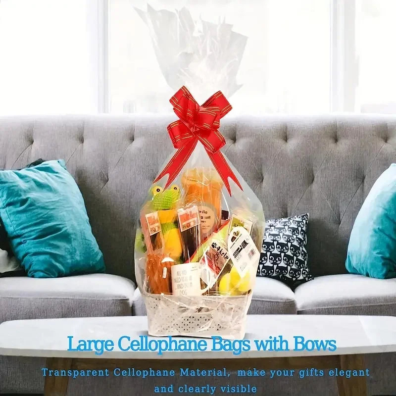 20/50 piece large clear cellophane bag with bow for basket and gift wrap christmas decoration