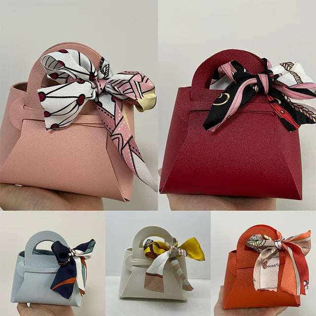 10PCS Distribute Leather Pink Gift Bags Wedding Favour Bag for Guest Mini Handbag with Ribbon Candy Packaging Box Party Decor