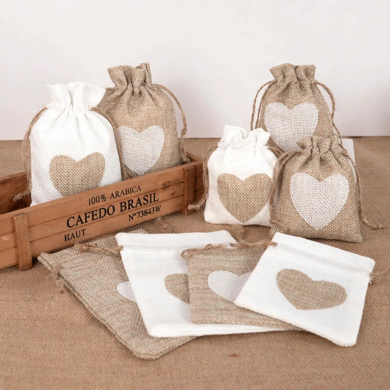10Pcs Natural Linen Burlap Bag Heart Jute Drawstring Candy Gifts Packaging Bags For Wedding Birthday Party Decor Jewelry Pouches