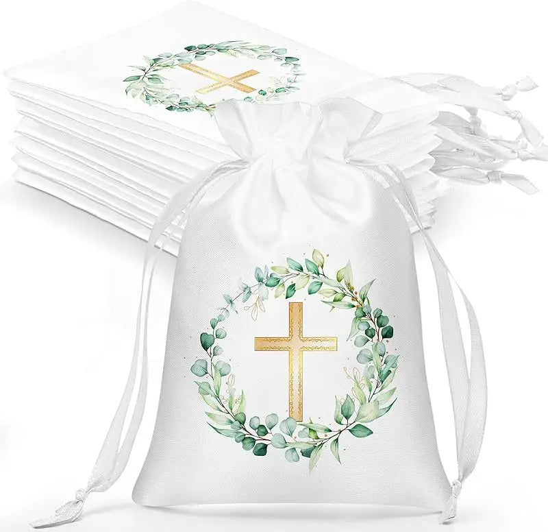 10 Pcs Baptism Satin Gift Bags with Drawstring 4 X 6 Inch Religious Gift Bags for Baptism First Communion Party Favor