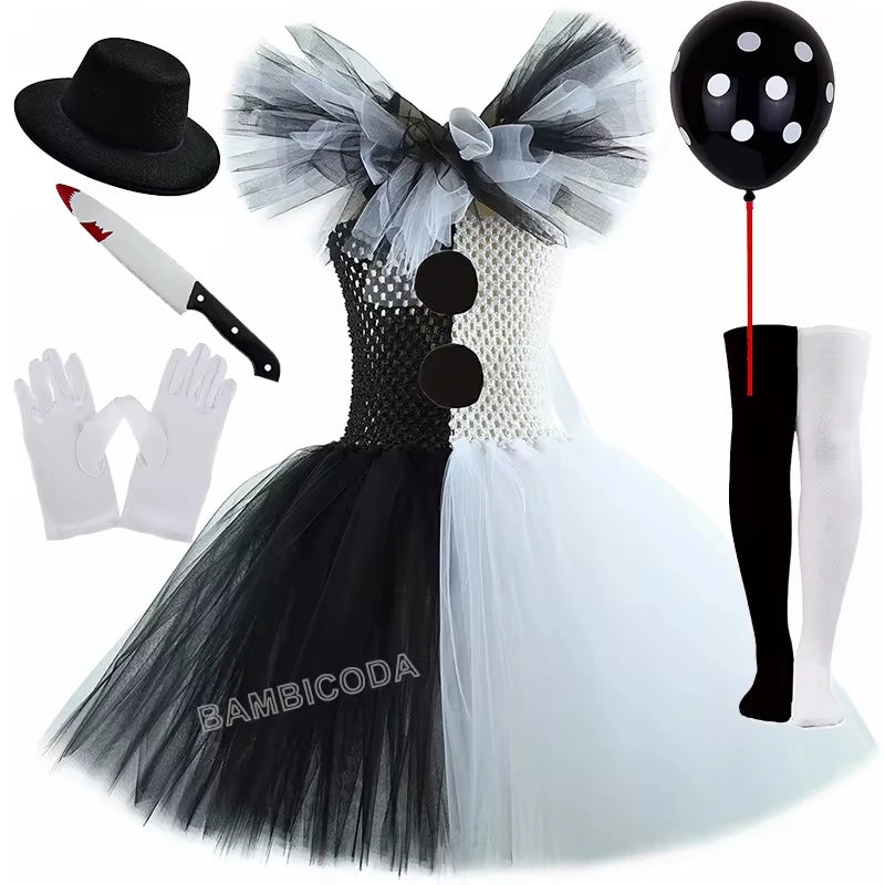 Girls Black White Horror Clown Tutu Dress Costume