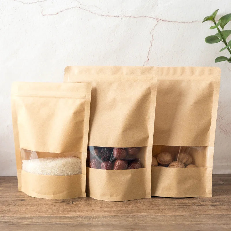 10pcs Packing Zip Lock Kraft Paper Window Bag Stand Up Gift Dried Food Fruit Tea Packaging Pouches Zipper Self Sealing Bags