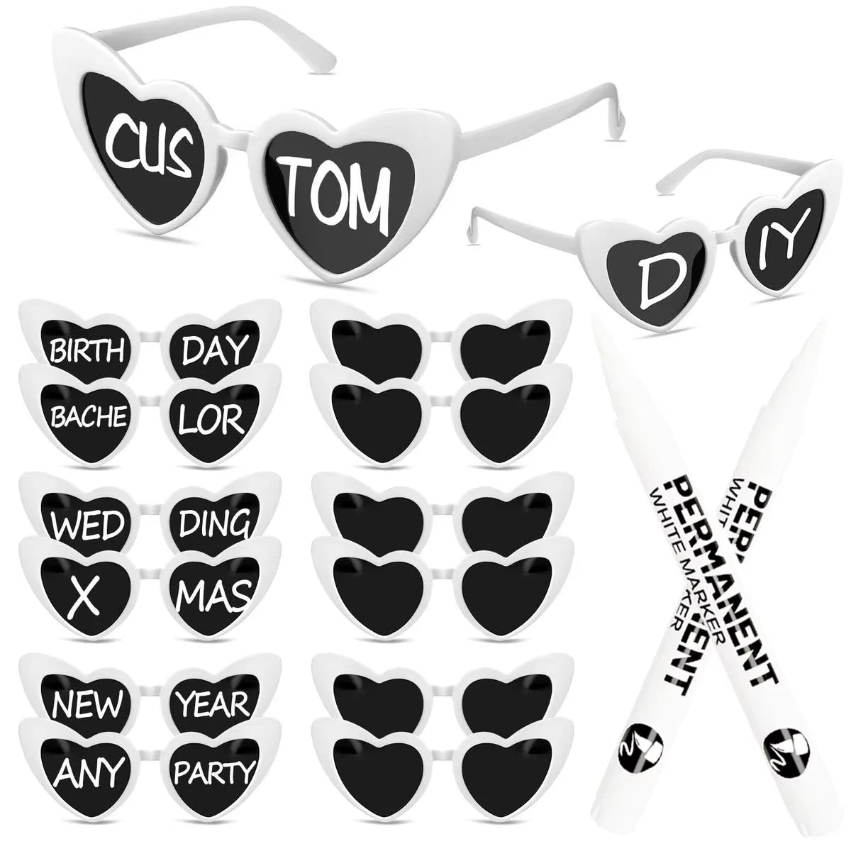12-120Pcs Wedding Heart Sunglasses with Pen Personalised Heart Glasses Bachelorette Party Sunglasses for Wedding Party Favors