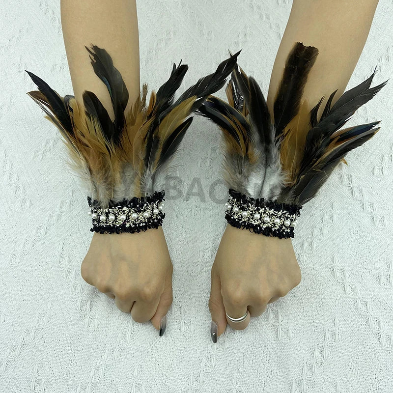 Natural Feather Wrist Cuffs Elegant Fur Sleeve Arm Accessories Gothic Halloween Cosplay Feather Gloves Pearl Arm Cuff 2pcs