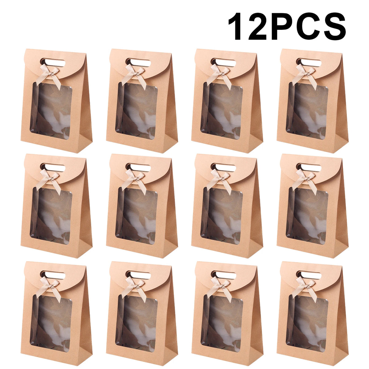 6/12PCS Kraft Paper Bags with Window, Box Reusable Gift Bag for Women, Candy Cookies Packaging Wedding Christmas Party