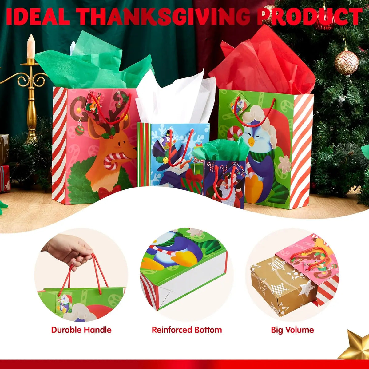 36 Pcs Christmas Bags with Tissue Papers and Tag, Assorted Sizes Set for Wrapping Xmas Holiday Presents, Thanksgiving Gift Decoration, Present Wrapping, School Classrooms, Party Favors