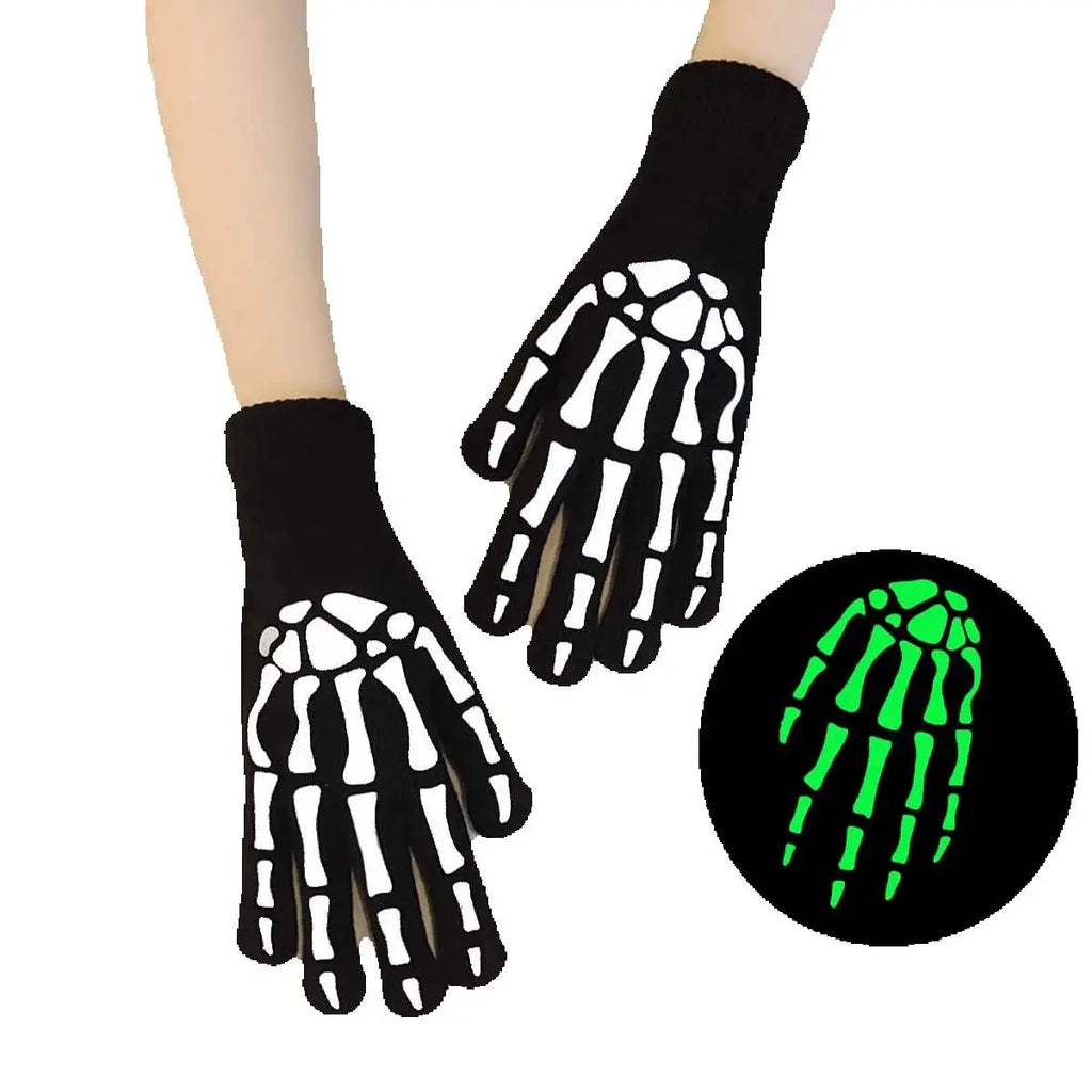 Halloween Skull Ghost Claw Printed Fluorescent Glow-in-the-Dark Gloves Women Adult Outdoor Riding Warm Knitted Gloves Cosplay