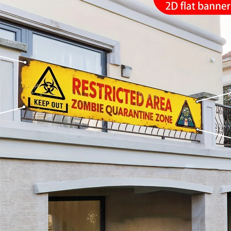 One 2D flat banner for Halloween decoration, "Restricted Area Zombie Isolation Zone" with warning signs