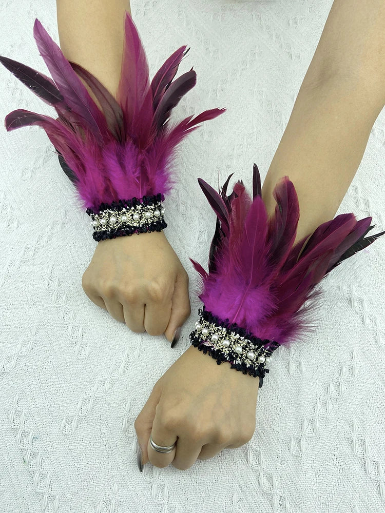Natural Feather Wrist Cuffs Elegant Fur Sleeve Arm Accessories Gothic Halloween Cosplay Feather Gloves Pearl Arm Cuff 2pcs