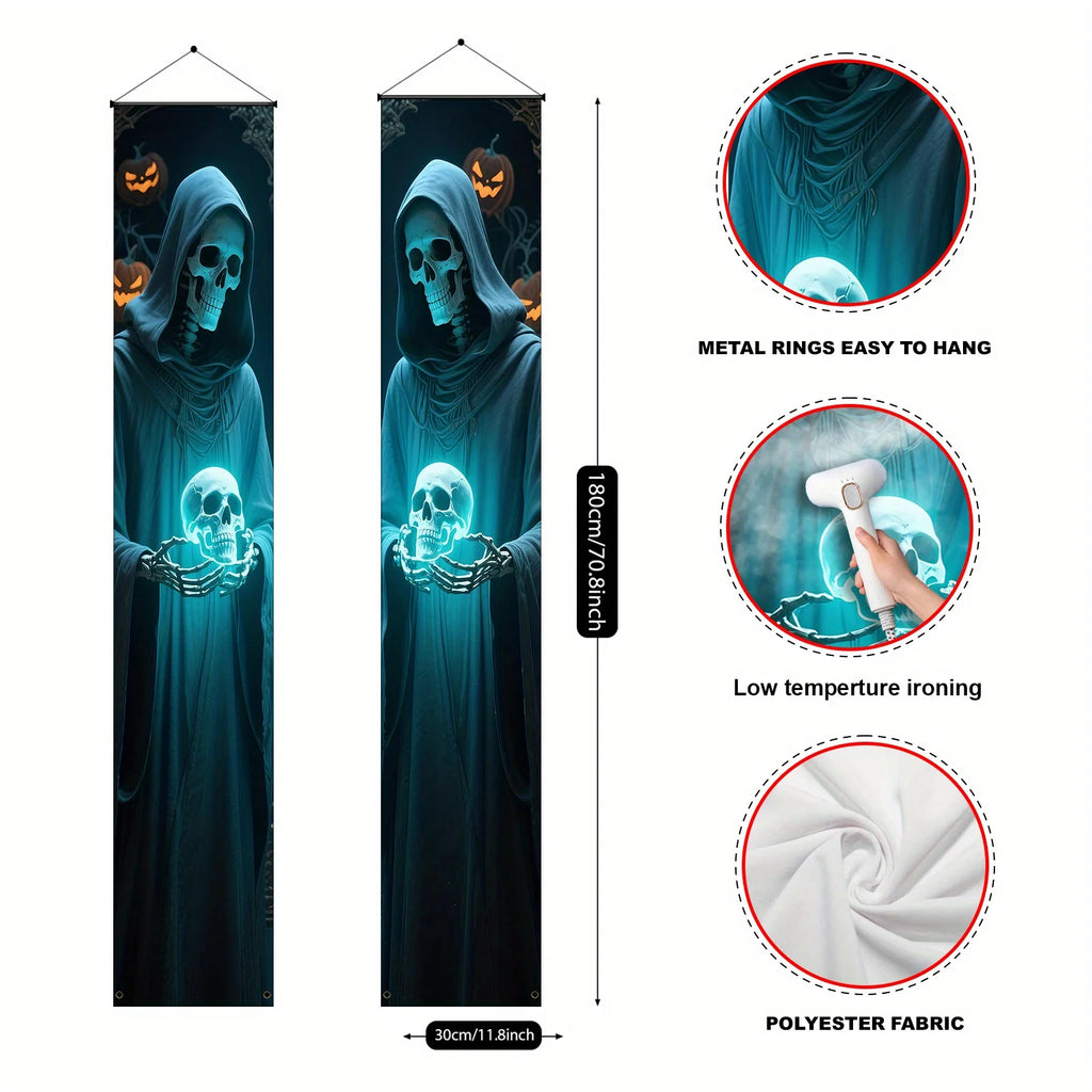 A pair of Halloween decorative banners made of polyester, featuring a skull figure design and door and wall decorations