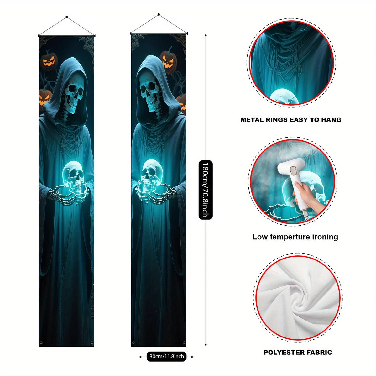 A pair of Halloween decorative banners made of polyester, featuring a skull figure design and door and wall decorations