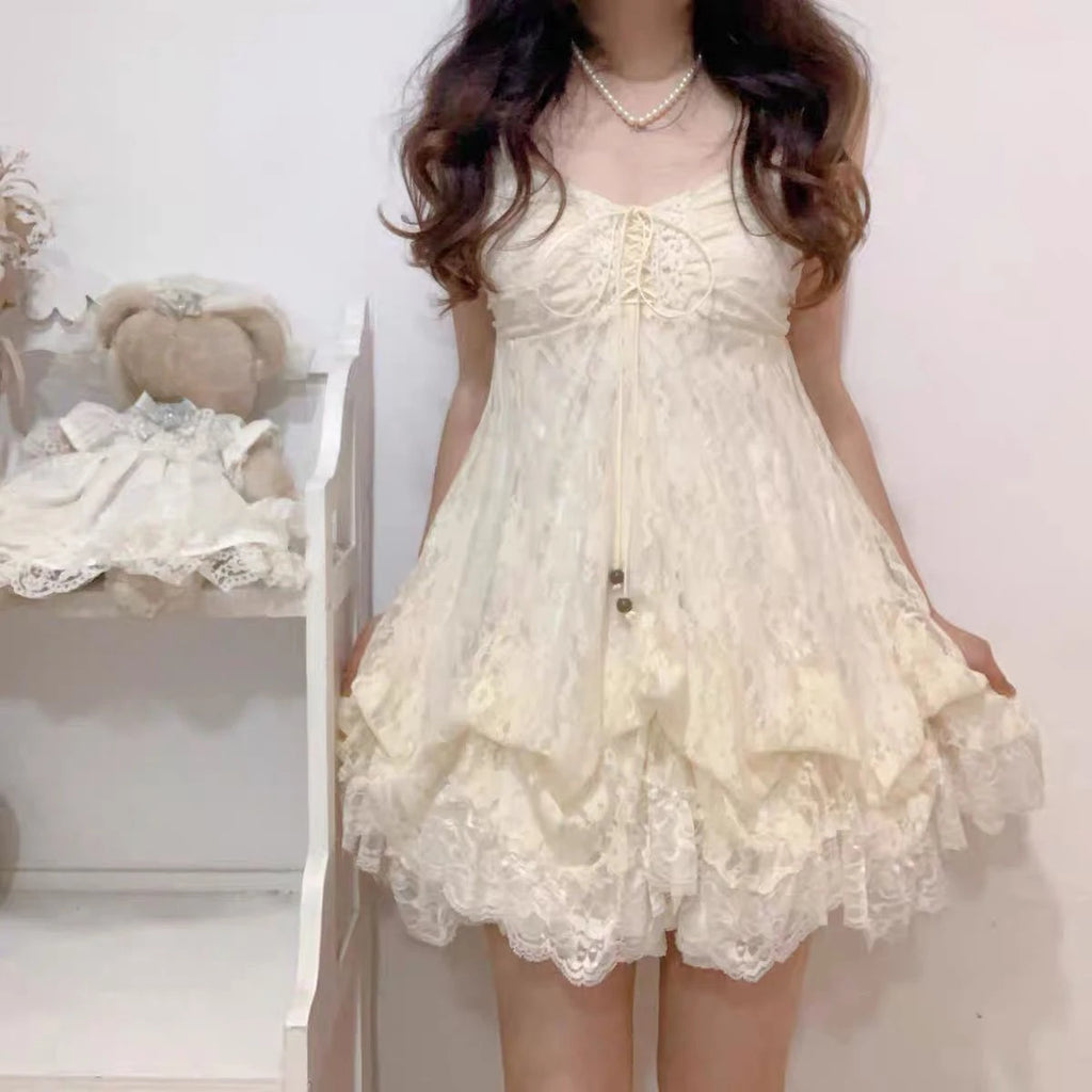 2000s Gothic Vintage Mini Dress Women Sleeveless Strap Party Dress Evening Lace Retro Cltohing Japanese Y2k Black Chic Lolita