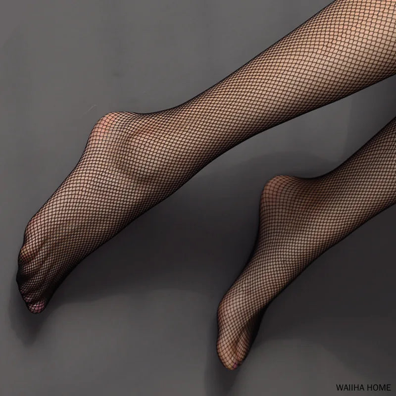 Black Fishnet Over Knee Stockings with Lace Detail