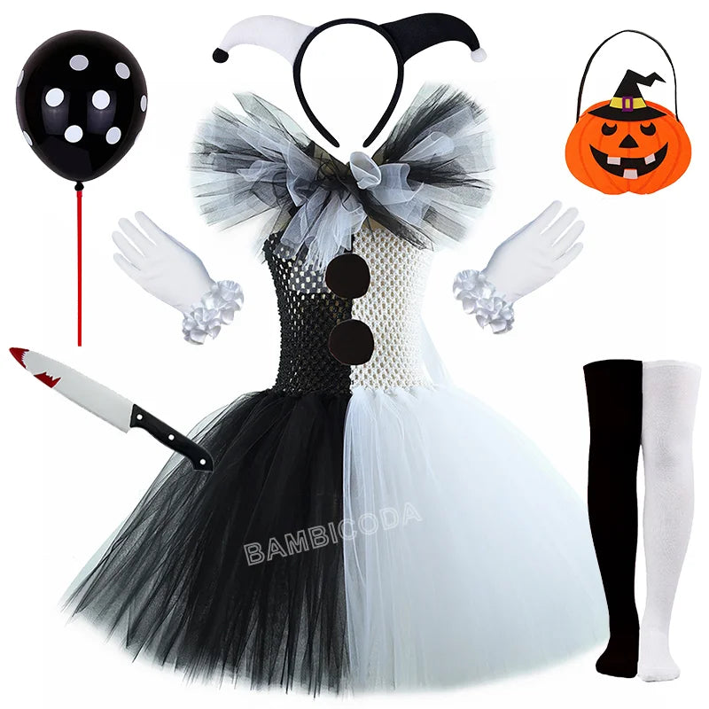 Girls Black White Horror Clown Tutu Dress Costume