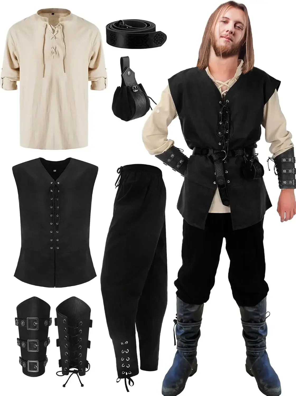 Men’s Renaissance Medieval Costume Set with Vest & Belt