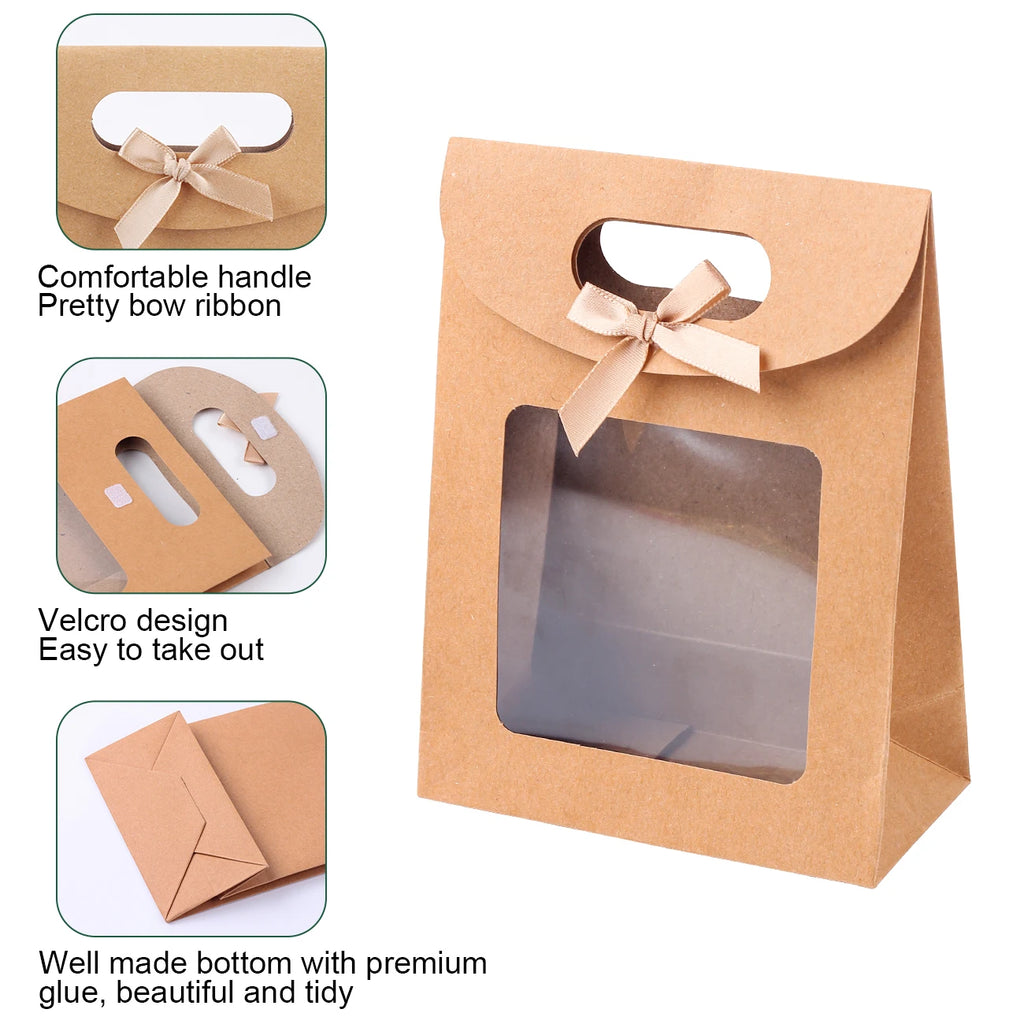 6/12PCS Kraft Paper Bags with Window, Box Reusable Gift Bag for Women, Candy Cookies Packaging Wedding Christmas Party