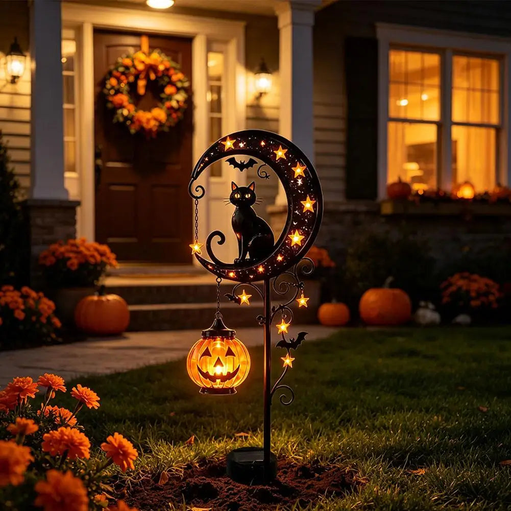 Garden Lamp Decoration Halloween Black Cat & Pumpkin Moon Garden Stake Light, Outdoor Waterproof Metal Pumpkin Stake Decor