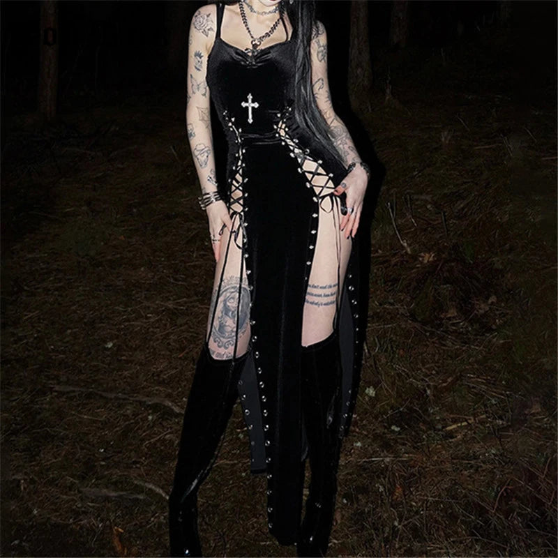 Women’s Gothic Velvet Strappy High-Split Dress