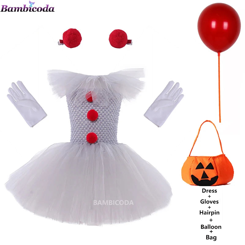 Girls Gray Clown Tutu Dress Halloween Costume