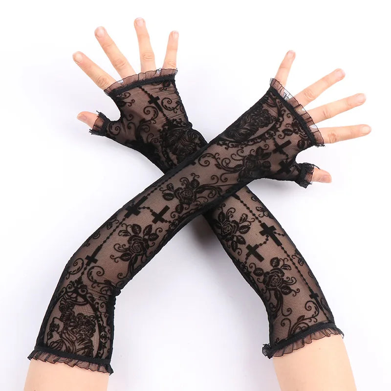 Gothic Lolita Girls Black Spider Web Cross Gloves Punk Harajuku Halloween Cosplay Women Half Finger Fingerless Lace Mesh Mittens
