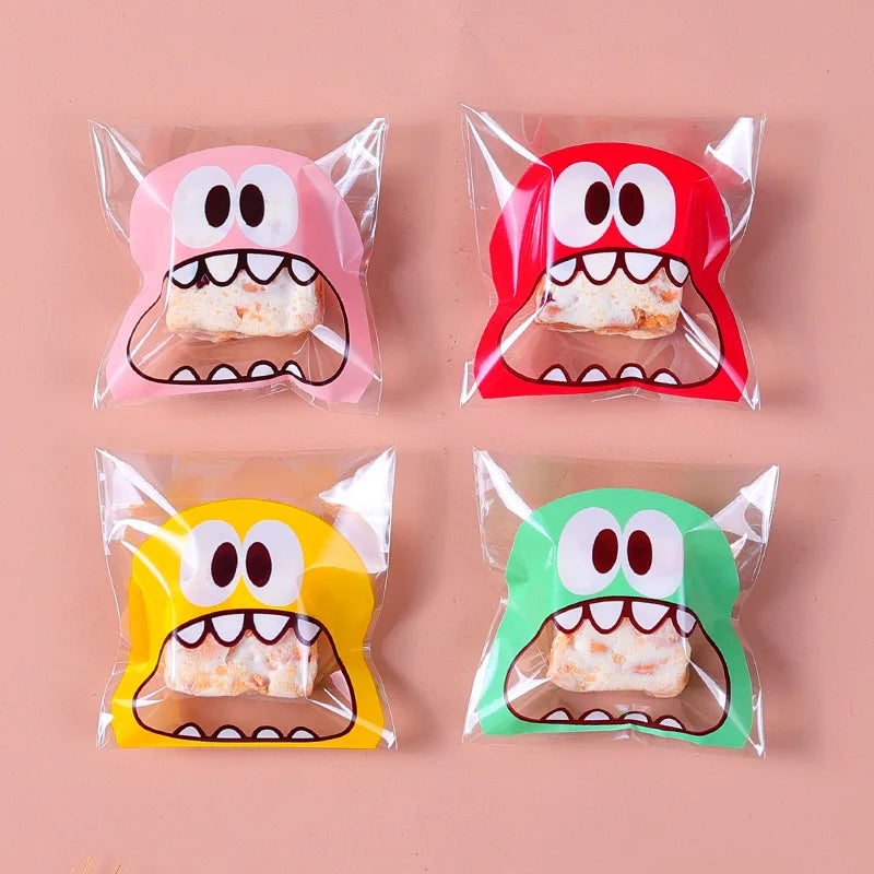 100pcs Cookie Candy Bag Cute Cartoon Self-adhesive Plastic Packing Bag For Biscuit Gift Food Packing, Baking Package