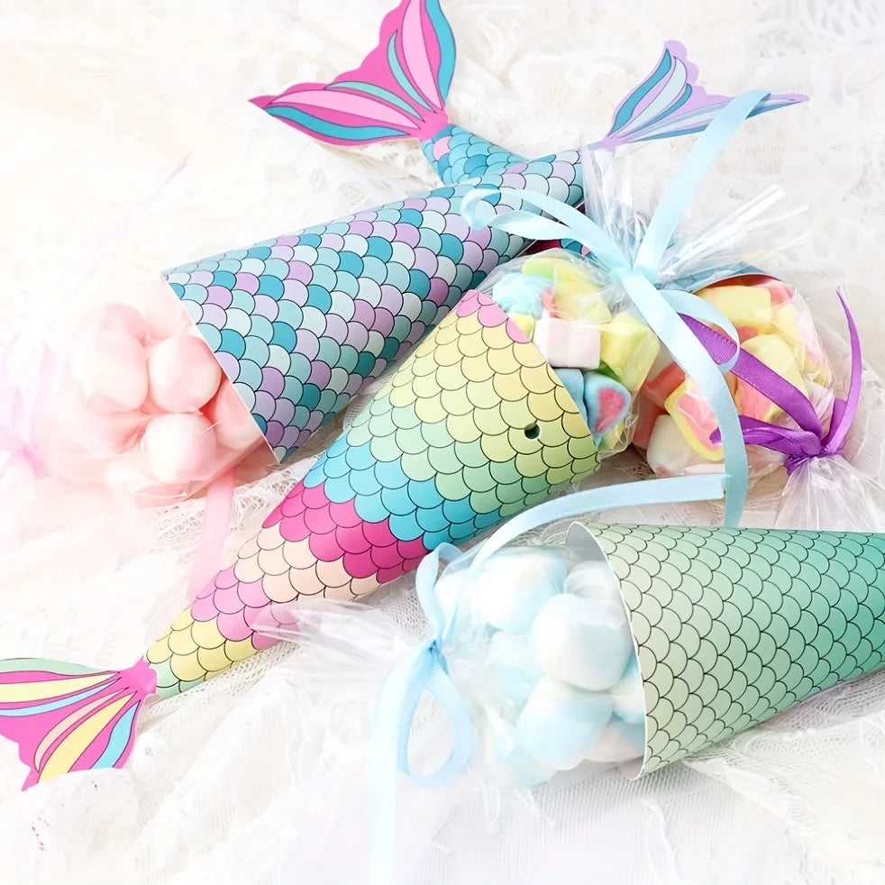 12pcs, Mermaid Paper Candy Gift Box Invitation Card Gifts Bags BirthdayTreat Mermaid Party Favors Decoration Supplies
