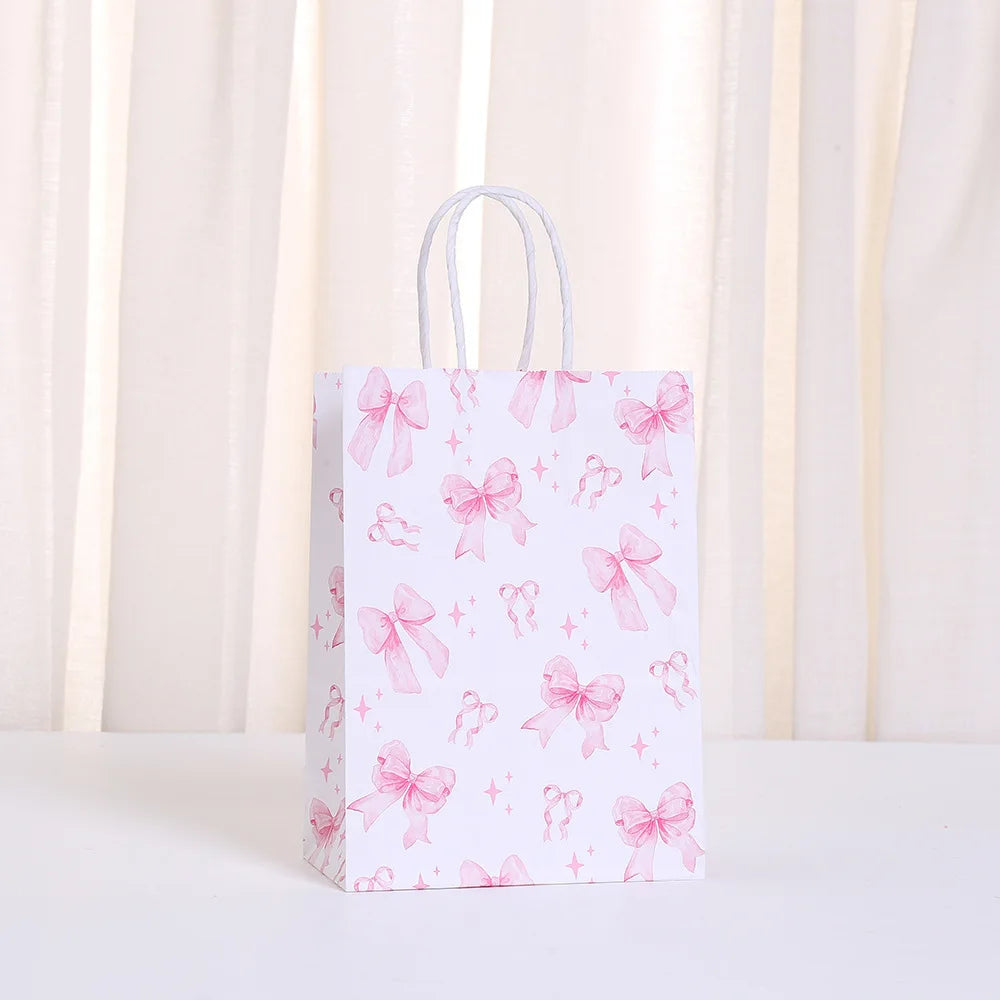 6/12/24/48pcs Pink and White Bow Paper Gift Bags Birthday Favor Bags with Handles Candy Bags Baby Shower Wedding Party Supplies