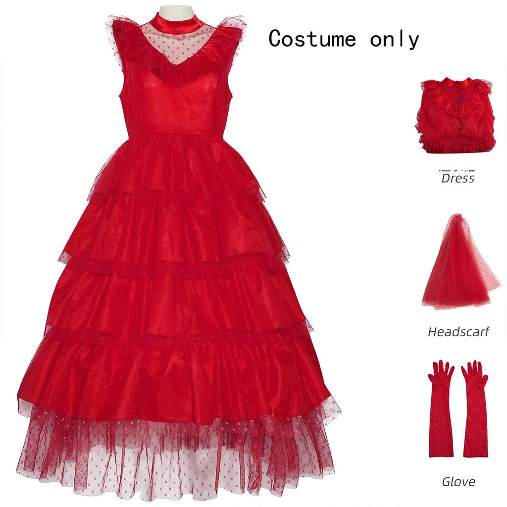 Gothic Red Wedding Dress Costume with Veil & Gloves