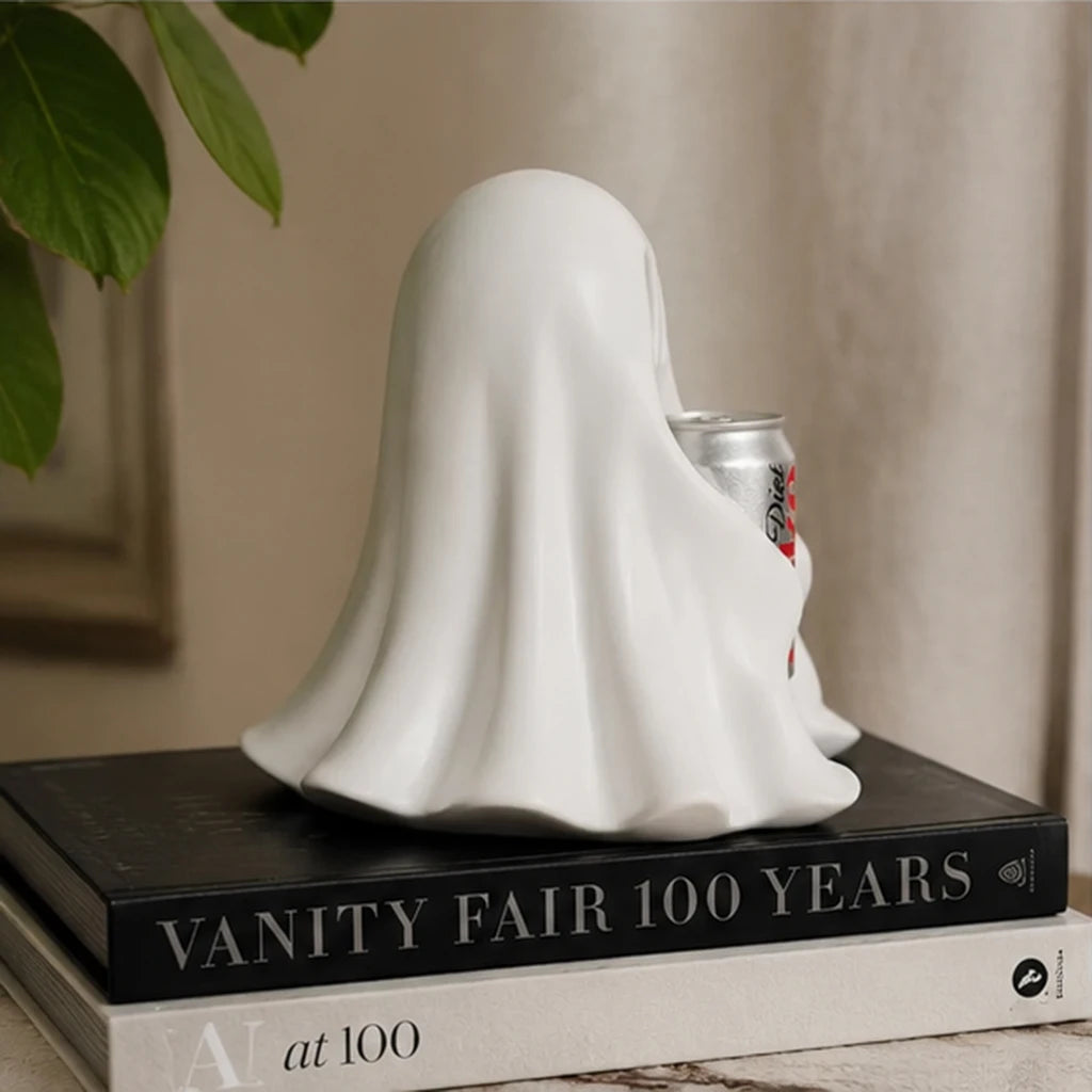 Cute Halloween Ghost Holding Soda Can, Funny Resin Figurine, Spooky Tabletop Decor for Desk Shelf Home Party Gift
