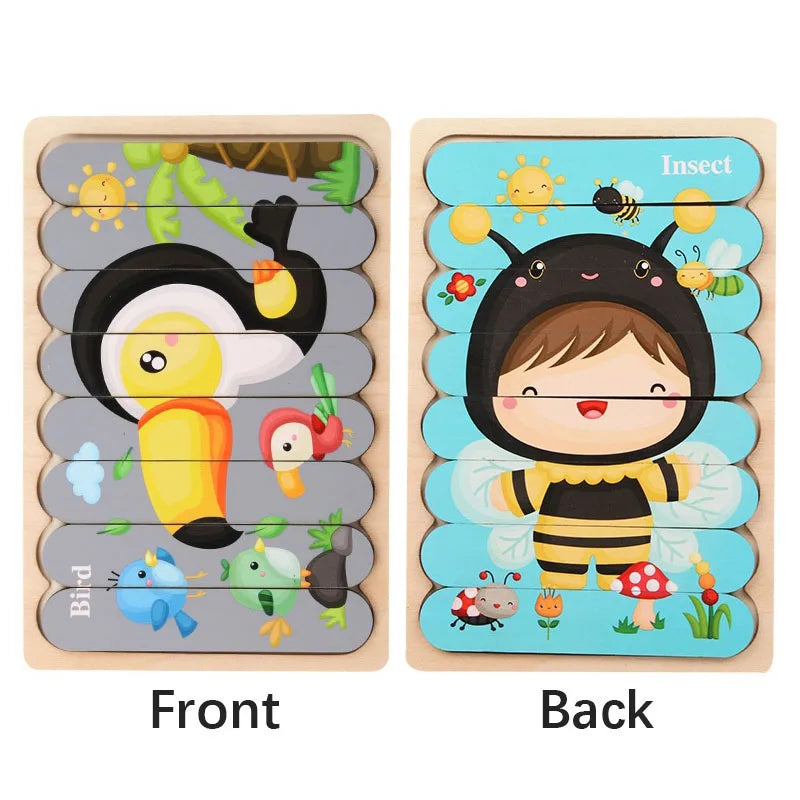 Cartoon Animal Double-sided Strip Wooden Puzzles Kids Montessori Jigsaw Game Baby Educational Toys for Children