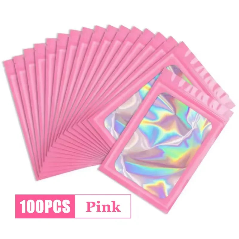 500Pcs Holographic Ziplock Bags Plastic Laser Iridescent Zip Bags for Manicure Eyelash Display Earrings Ring Jewelry Storage Bag