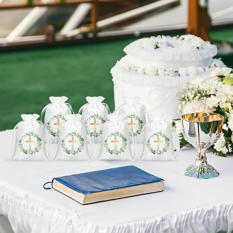 10 Pcs Baptism Satin Gift Bags with Drawstring 4 X 6 Inch Religious Gift Bags for Baptism First Communion Party Favor