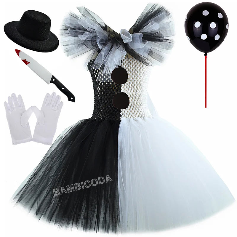 Girls Black White Horror Clown Tutu Dress Costume