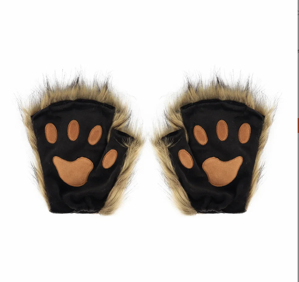 Wolf Paw Gloves Faux Fur Cat Fingerless Mittens Winter Warm Cosplay Halloween Fancy Party Costume Accessories