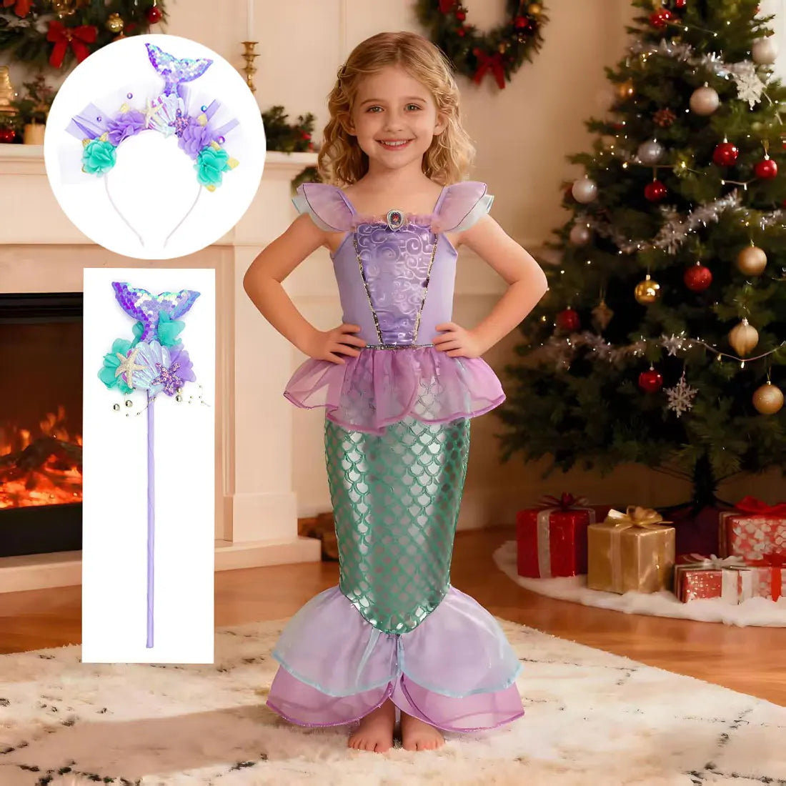 2026 Halloween Kid Purple Mermaid Dress Princess Perform Clothes Baby Girl Birthday Party Christmas Cosplay Dress Suit for Girls