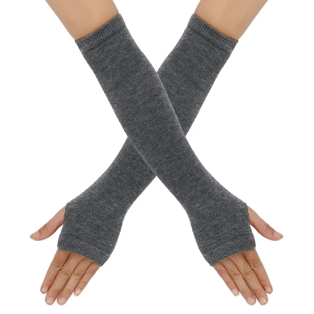 Long Knitted Fingerless Elbow Gloves with Striped Design