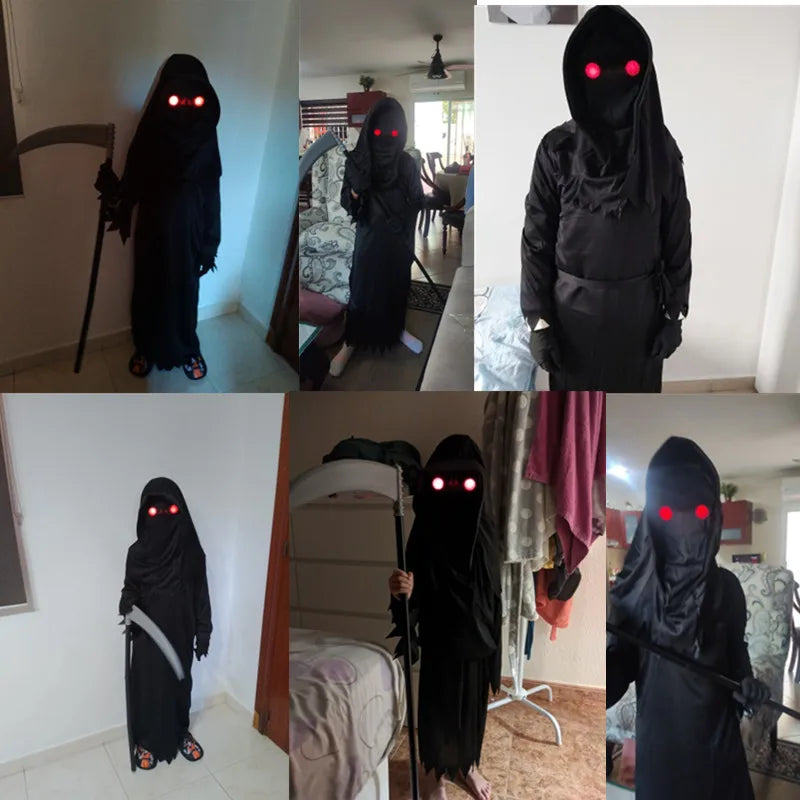 Kids Grim Reaper Costume with Glowing Eyes, Robe & Props