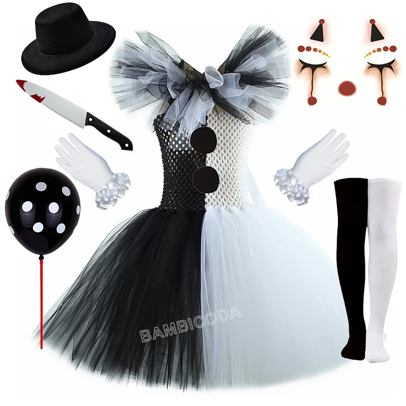 Girls Black White Horror Clown Tutu Dress Costume