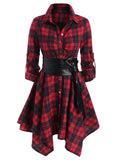 Women Red Plaid Belted Roll Tab Sleeve Handkerchief Dress Grunge Gothic Casual Dresses Vestidos Button Up Long Sleeve Streetwear