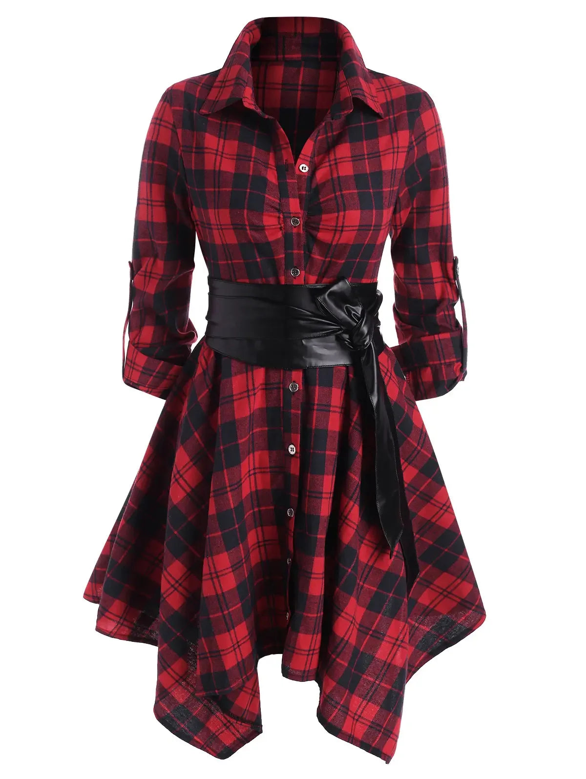 Women Red Plaid Belted Roll Tab Sleeve Handkerchief Dress Grunge Gothic Casual Dresses Vestidos Button Up Long Sleeve Streetwear