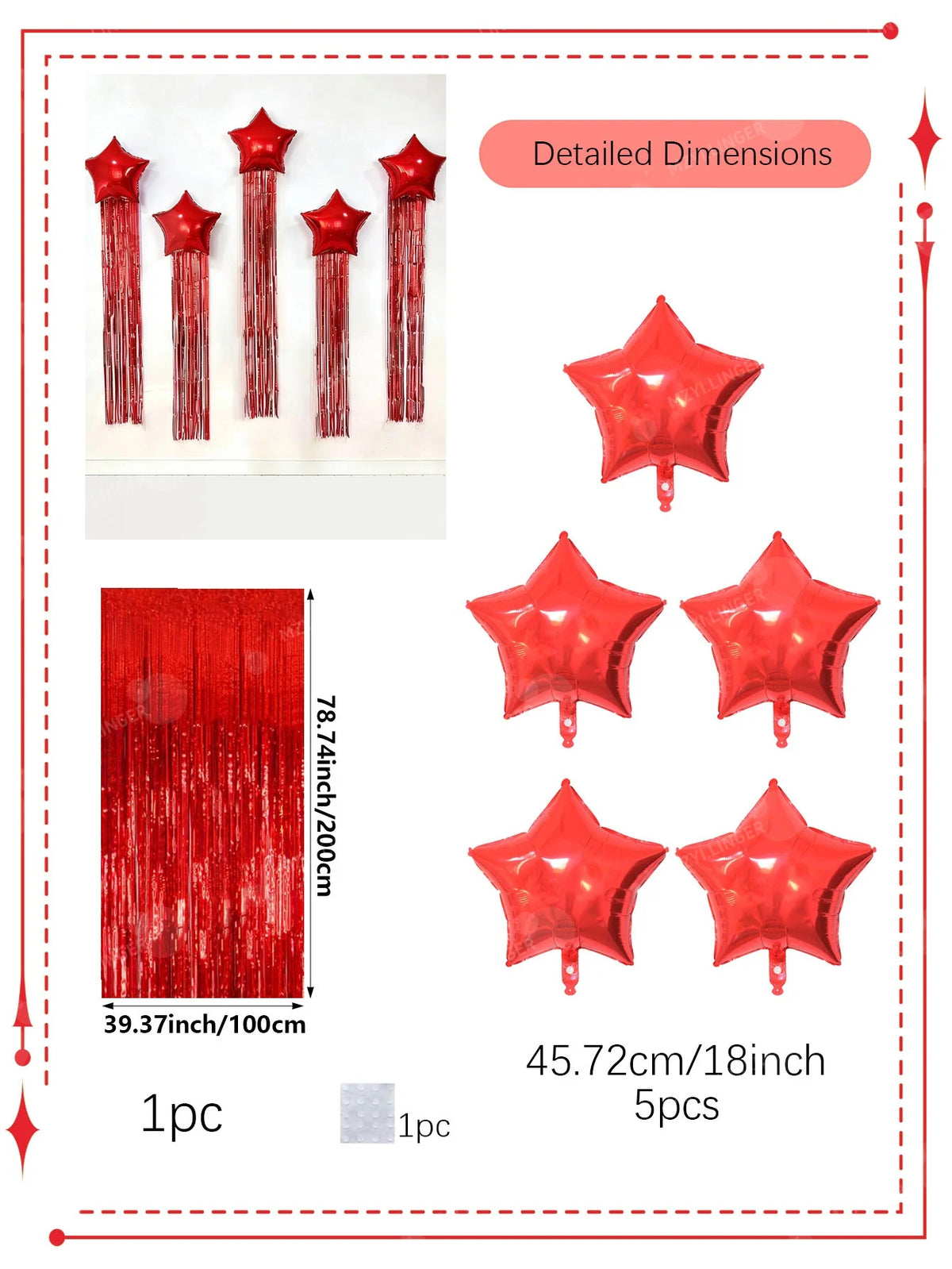Five pointed star balloon and tassel rain curtain set for birthday parties, weddings, showers, party decorations (multiple color