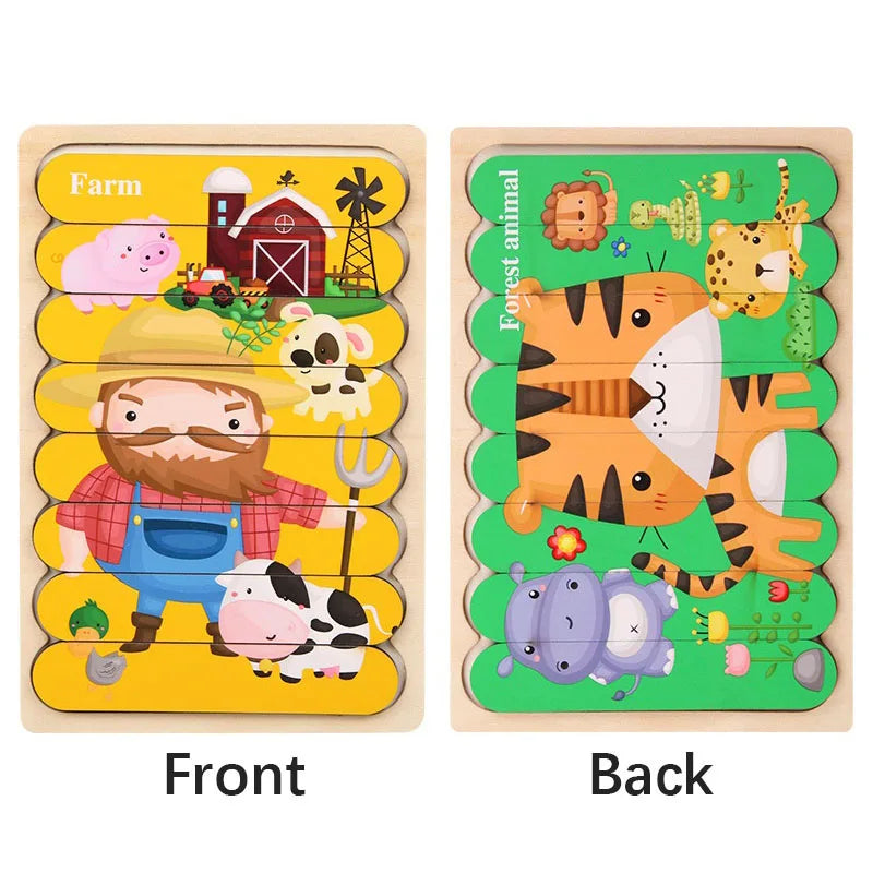 Cartoon Animal Double-sided Strip Wooden Puzzles Kids Montessori Jigsaw Game Baby Educational Toys for Children