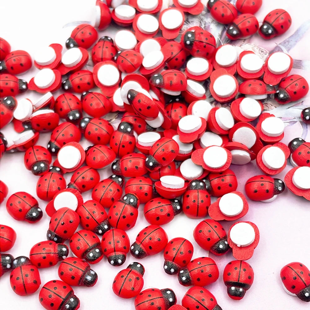 100pcs Wooden Mini Ladybugs Stickers, 8x11mm Self Adhesive Red Painted DIY Craft Scrapbooking Home Garden  Party Decoration