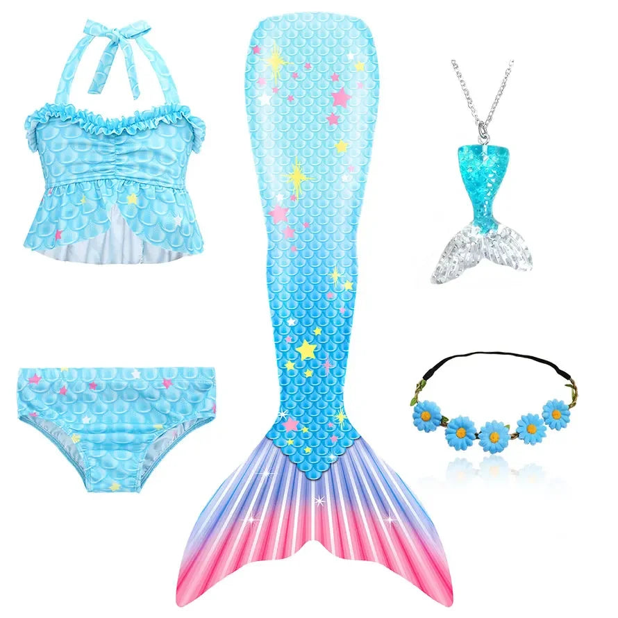 Girls Mermaid Tail Swimsuit Costume with Optional Monofin